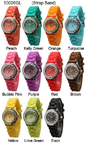 6 Geneva Silicone Strap Band Watches w/Rhinestones