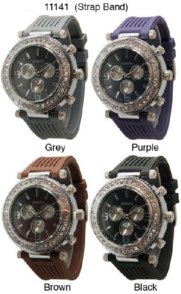 6 Silicone Strap Band Watches w/Rhinestones