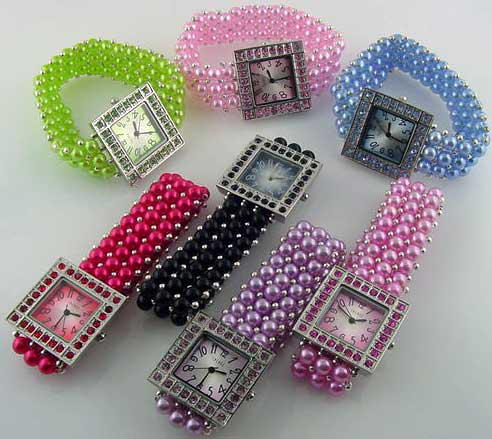 6 Womens faux pearl stretch band watches