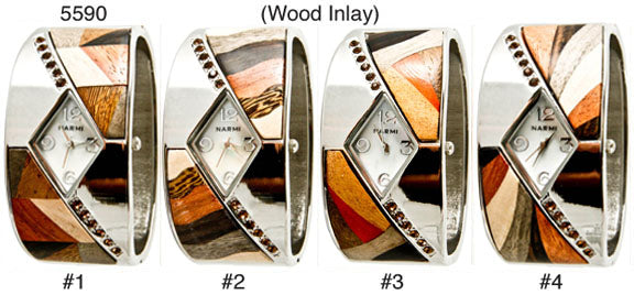 6 Metal Cuff Bangles /W Wood Inlay