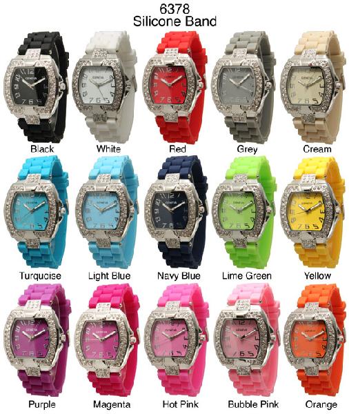 6 Geneva Silicone Style  Strap Band Watches/W Rhinestones