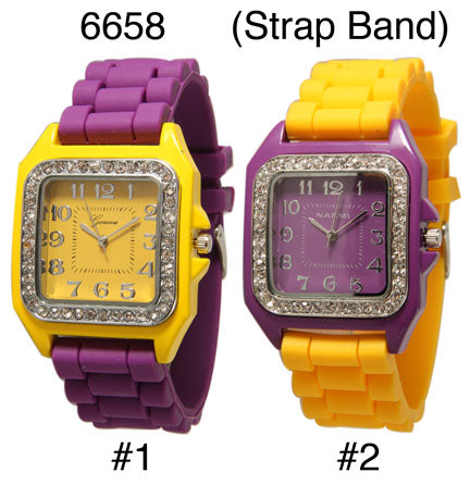 6  Geneva Silicone Strap Band Watches w/Rhinestones